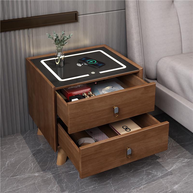 2f实木床头柜带灯无线充电家用智能卧室床边柜现代收纳柜储物小户