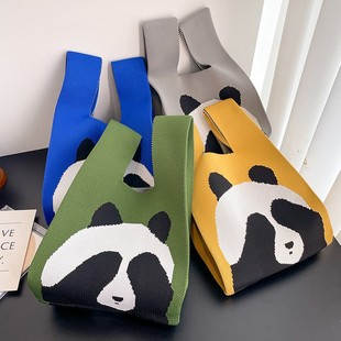 可爱熊猫针织手提包便捷卡通毛线女包夏季 百搭托特饭盒包 韩版 时尚