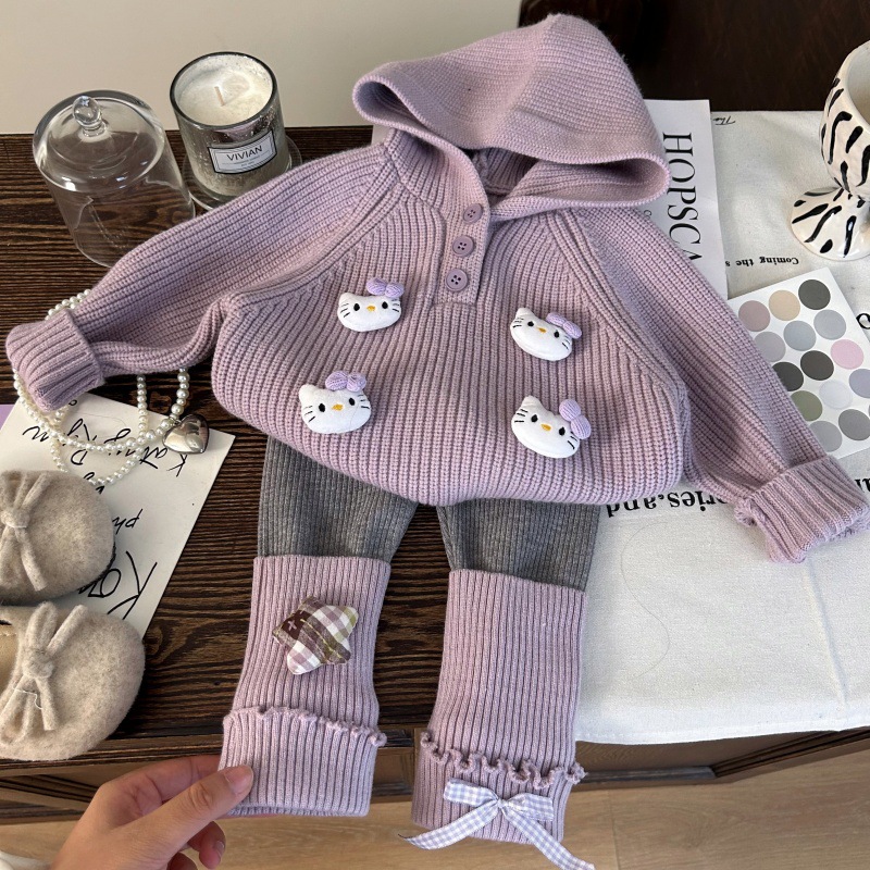 女童秋冬季新款套装女宝宝卡通连帽毛衣加绒打底裤两件套加厚外套