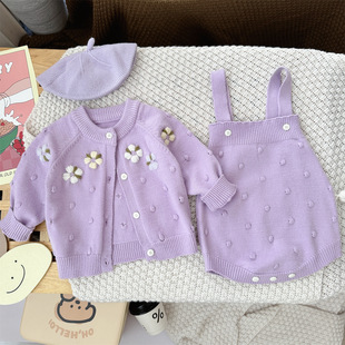 女童纯棉针织开衫 套装 背带哈衣外出两件套宝宝爬服 新品 婴儿秋冬季