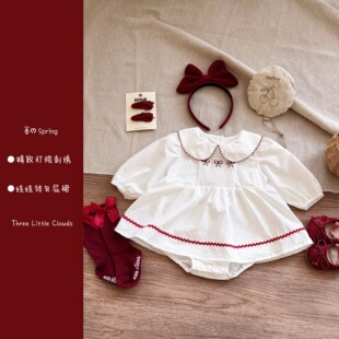 婴儿童春秋季纯棉长袖包屁哈衣女宝宝娃娃领纯白连衣裙子儿童爬服