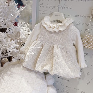 套装 2025新款 洋气女宝宝蕾丝连衣裙儿童秋冬加绒保暖公主裙针织衫