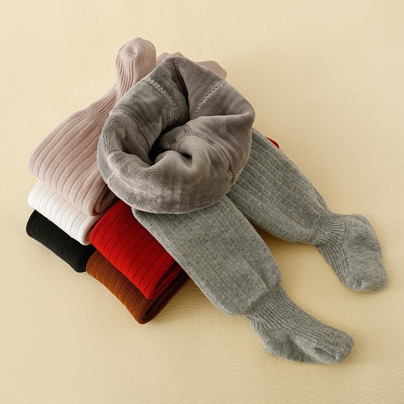 婴幼儿打底裤冬季款女宝宝纯色加绒连体裤儿童大PP设计外穿连脚袜