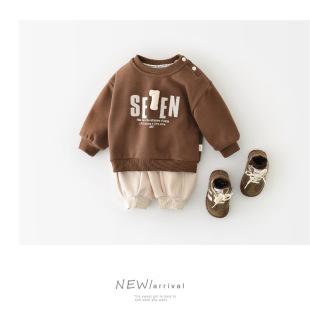 婴儿童宝宝一体绒卫衣卫裤 男童秋冬季 韩版 2025新款 两件套 加绒套装