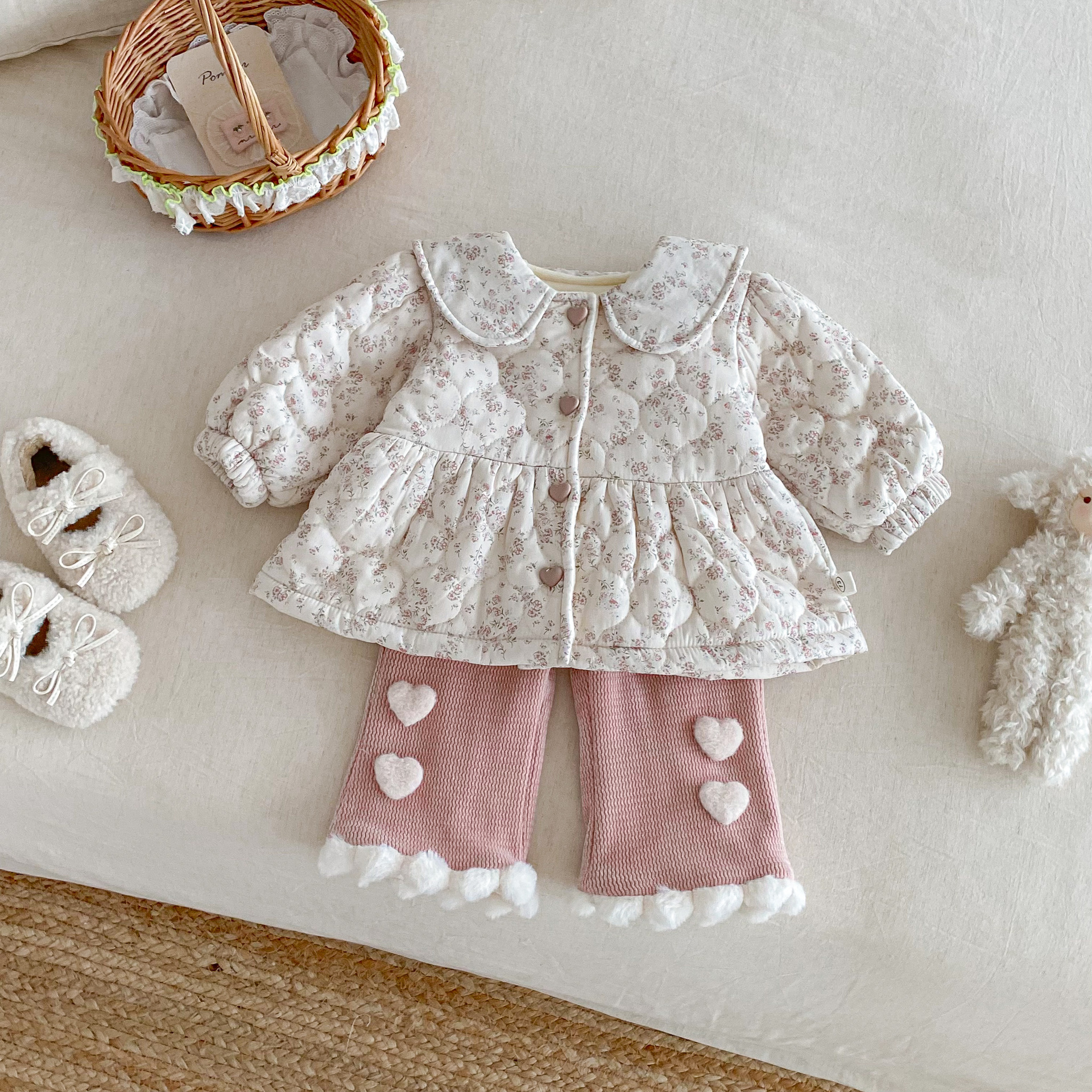 女童秋冬季加绒碎花夹棉外套套装