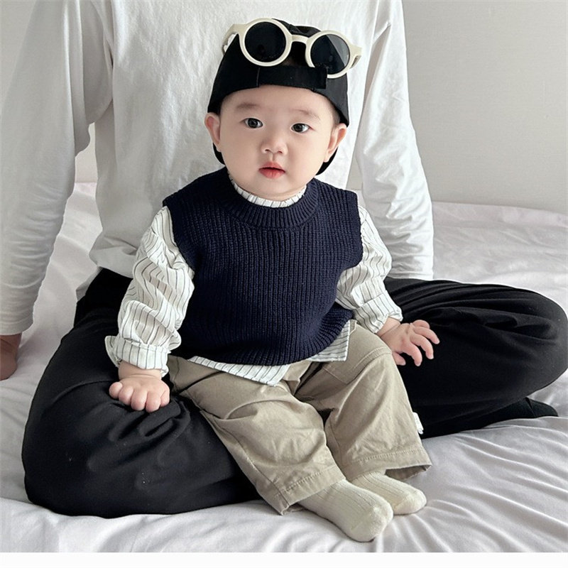 韩版童装2024春秋季新款婴幼儿针织马甲衬衫裤三件套男童毛衣秋装