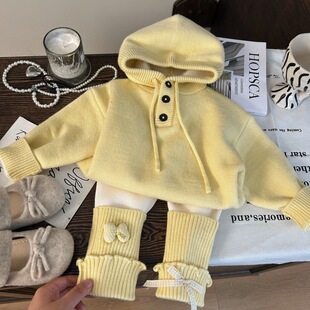 韩版童装2025新款秋冬女童连帽针织毛衣加绒堆堆袜打底裤两件套潮