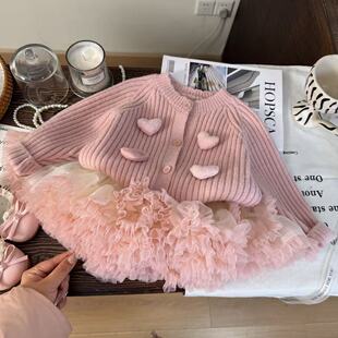 女童秋冬季新款年服套装宝宝红色针织毛衣开衫彭彭半身短裙两件套