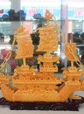 天然米黄玉60厘米龙船一帆顺风客厅装饰玉雕工艺品大堂客厅摆件