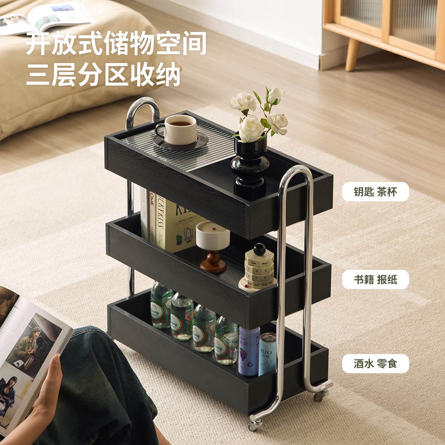 实木边几层收纳层架移动储物车带轮沙发三层实木边几推茶几客物厅