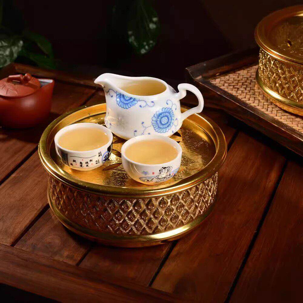 泰国功 夫茶具茶台办公会客家用圆托形精雕锡茶托盘大容量沥制FHX