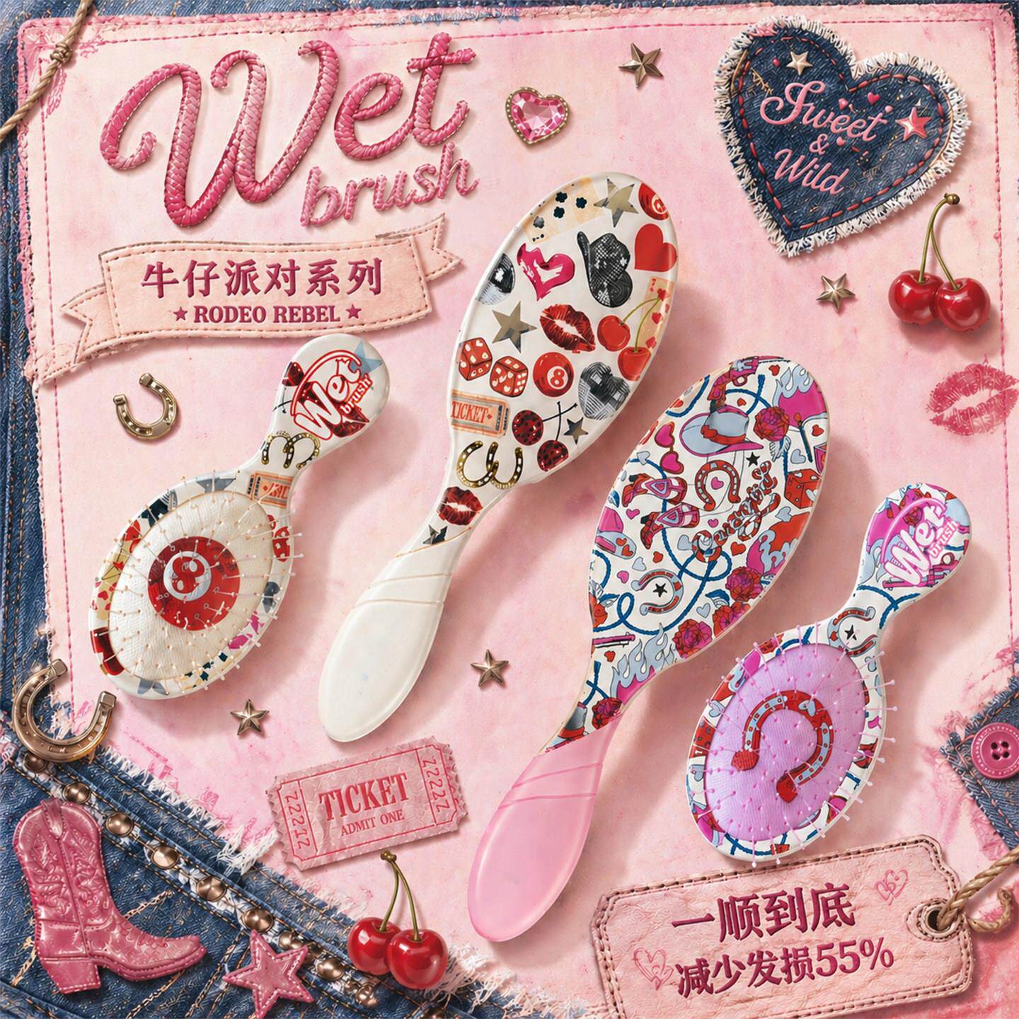 WWET-5733tBrush美国摩牛仔对系列气垫按梳子干湿多用顺髪梳e蓬松