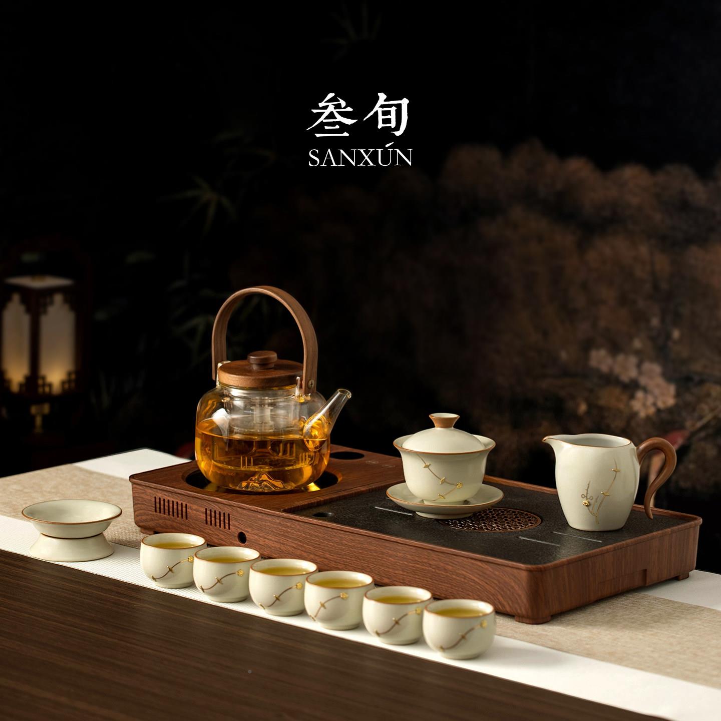 汝窑锔钉碗泡套茶功夫茶具装盖轻奢档整套家用高烧SX1034水一体茶