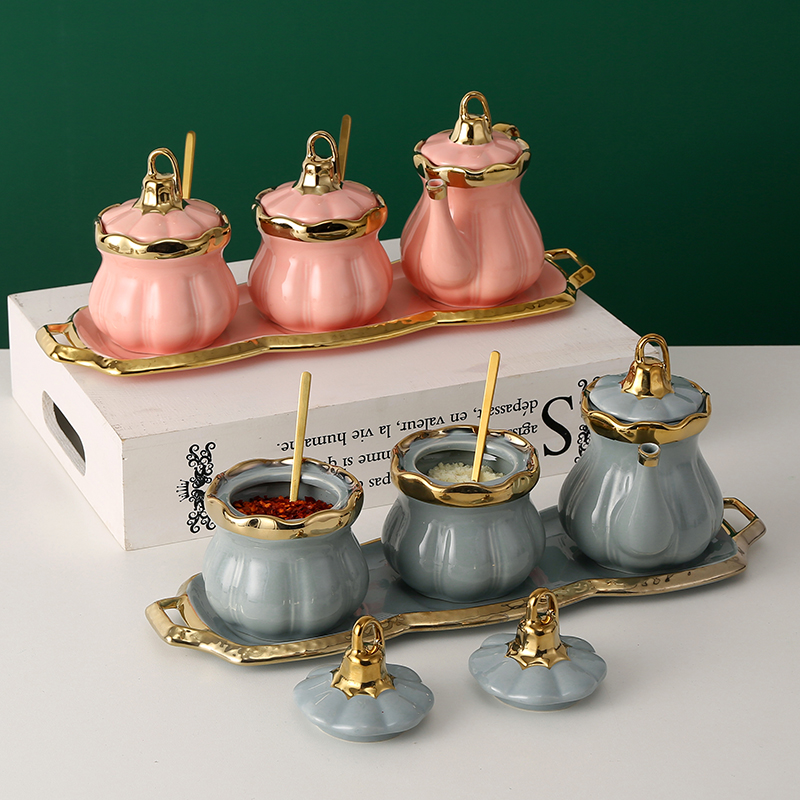 速发家奢陶瓷调料罐件套调味罐油壶盘合套装轻用带托组勺子厨房收