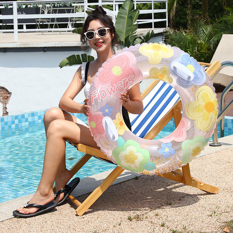 速发腋人夏日水上充厚亮片花朵游泳圈儿童充气加气成下圈救生圈