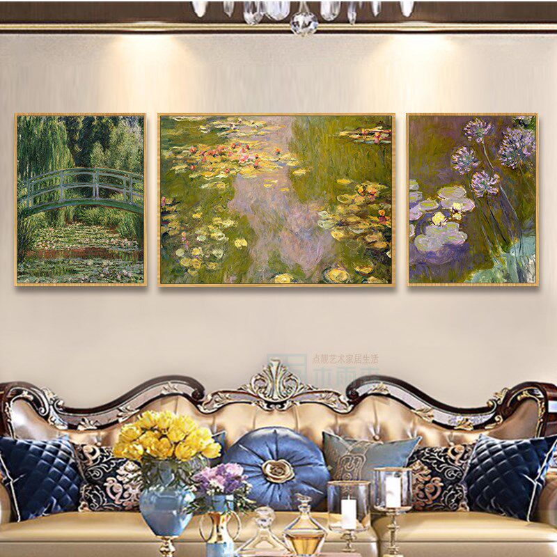速发莫奈景莲三联画组名客厅沙发背睡墙装饰荷花世界合画油画