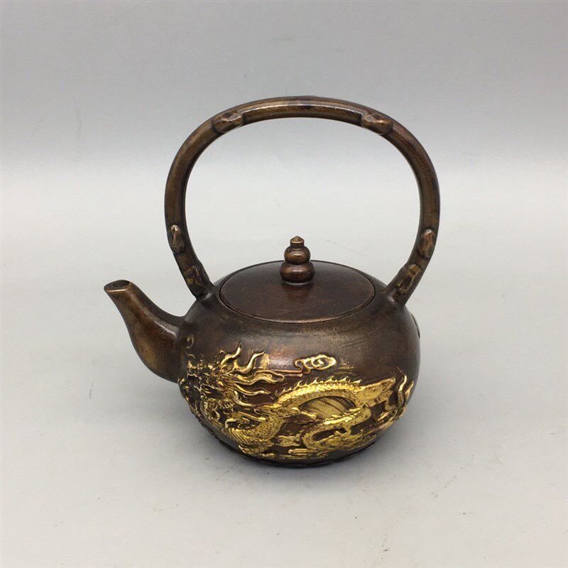 速发大清乾隆年制铜龙凤茶壶手壶仿古铜器家居摆件酒壶把家居装饰