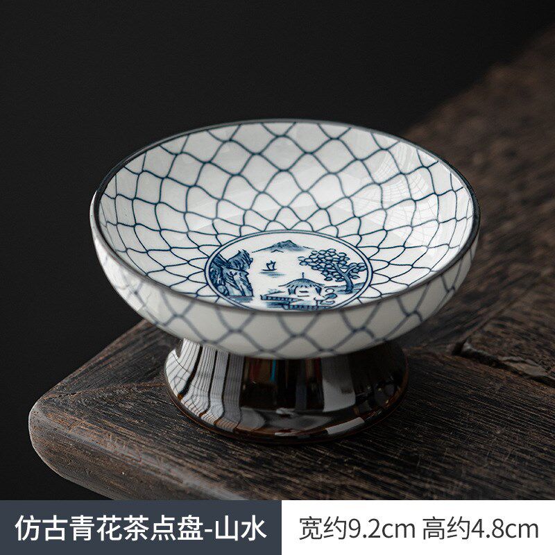 速发复古零食青花瓷高糕迷你果盘式中茶点盘干脚点水果盘茶室餐厅