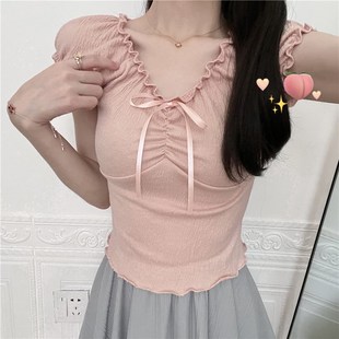 蝶蝴上衣木耳边夏 t恤短结款 速发新品 乖乖甜心bm吊带款