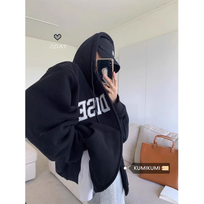 速发kumi字umi美式复古k母印花连帽卫v外套春季中长款o衣ersize上
