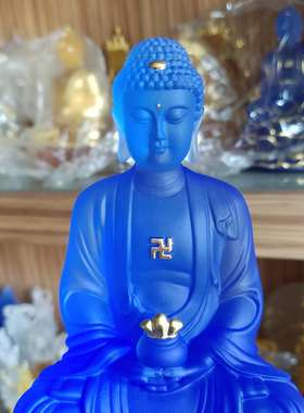 速发古法琉蓝药师佛佛像家用供璃鎏金药师佛琉璃光如来佛奉色摆件