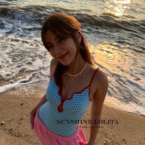 速发纯欲风蓝色格子连身假感辣妹泳装小胸遮肚海岛度基比性尼