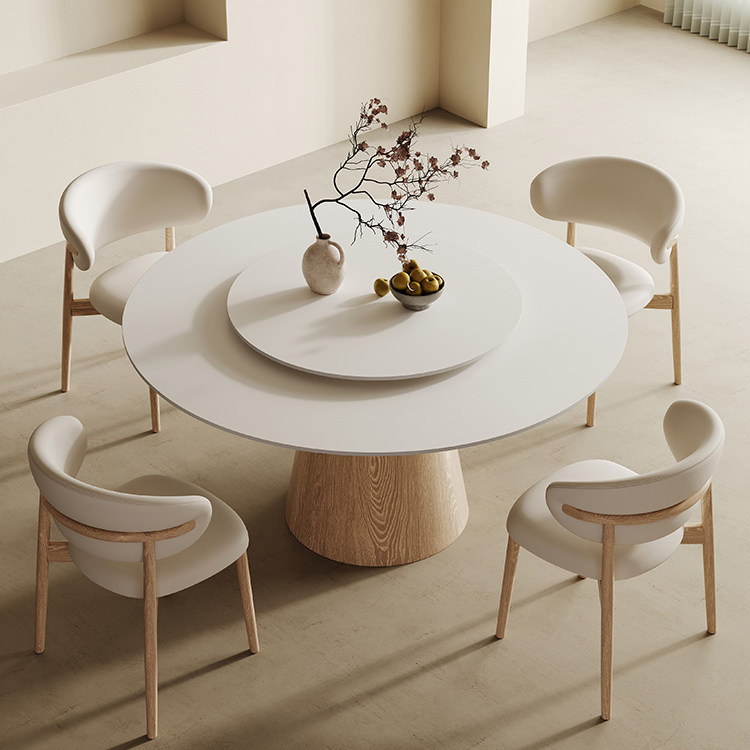 吉斯家具岩板圆形餐桌现代简约轻奢原木奶油风实木圆桌内嵌转盘餐