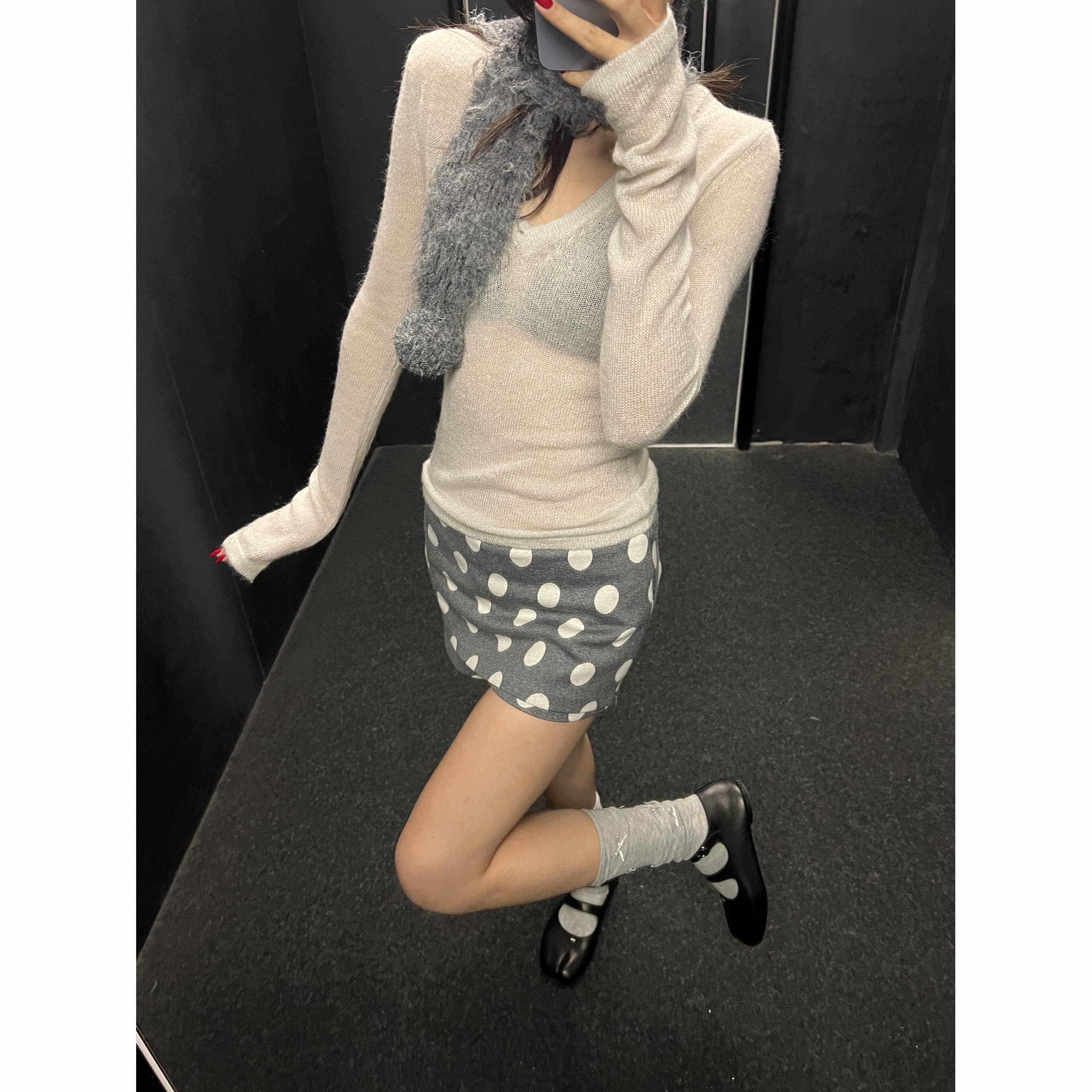 美辣小众极简波灰点色短裙裤子春LWK秋新款式覆古修身妹显瘦半身