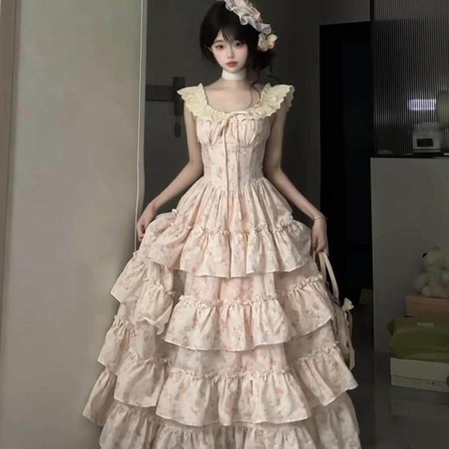 粉色甜美碎大花洋装女季特别漂亮高夏感WT35323公主蛋糕裙裙摆长