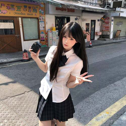 火星瘦家jk服明礼身女HBT中衬衫奶白短袖衬衫女修制显尖领上衣春