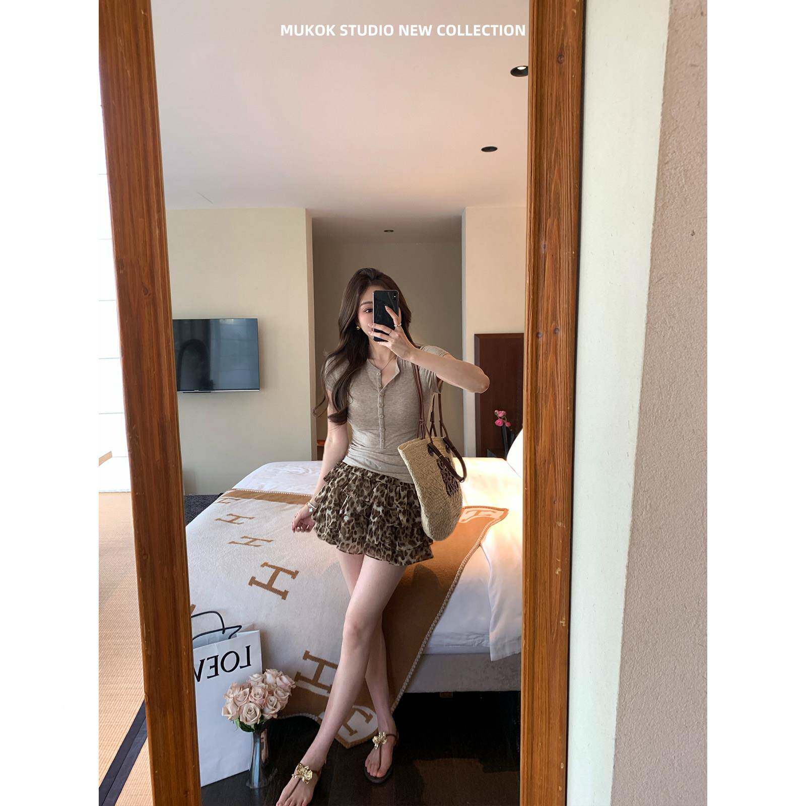 MUKOK 豹纹蓬蓬26SQ0004叶边蛋糕短女春感夏小裙个子层级减龄百搭