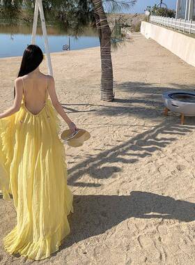 巴胺黄色绝美荷长叶边带挂颈露背裙女夏吊海边度多假9901氛围感洋