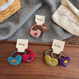 秋冬复古刺绣花朵塞棉爱心儿童发圈女童发饰高级感少女头绳皮筋