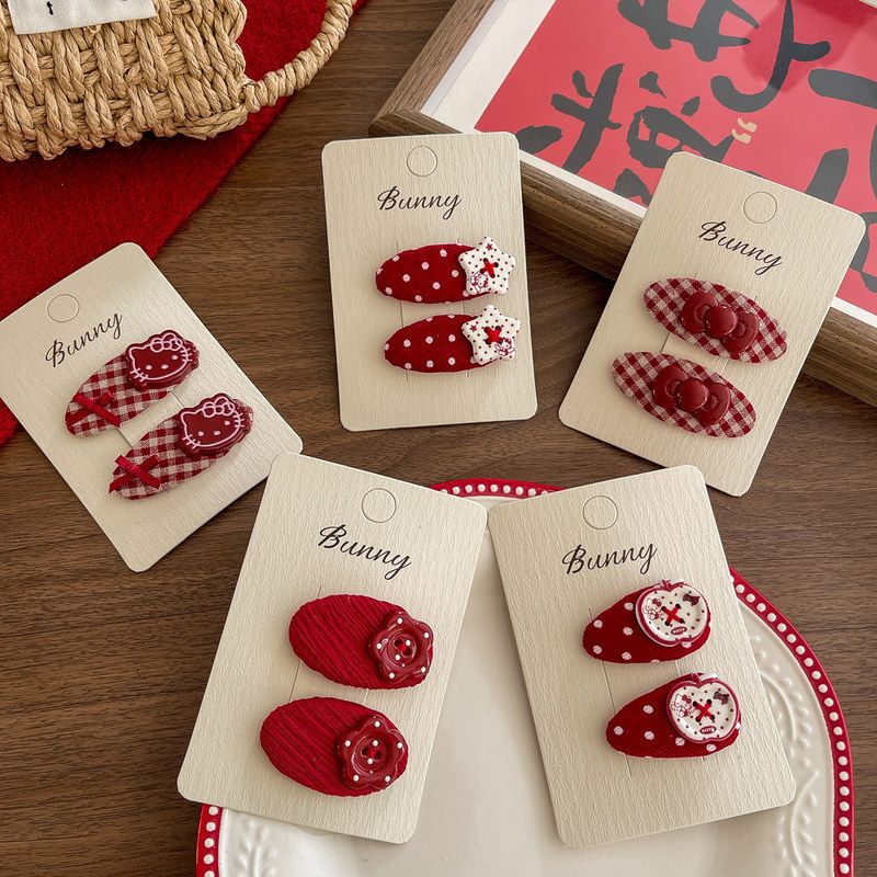 新年红色布艺格纹波点儿童发夹