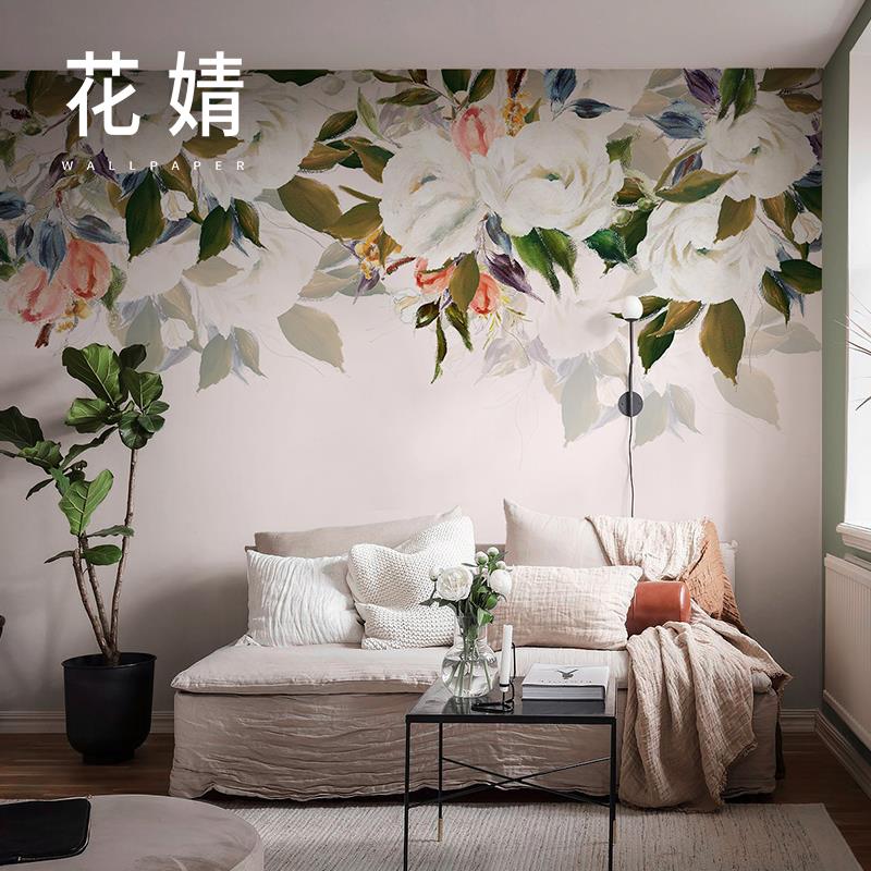 北欧玫瑰花墙纸轻奢客厅电视背景墙壁纸无缝卧室婚房墙布定制壁画