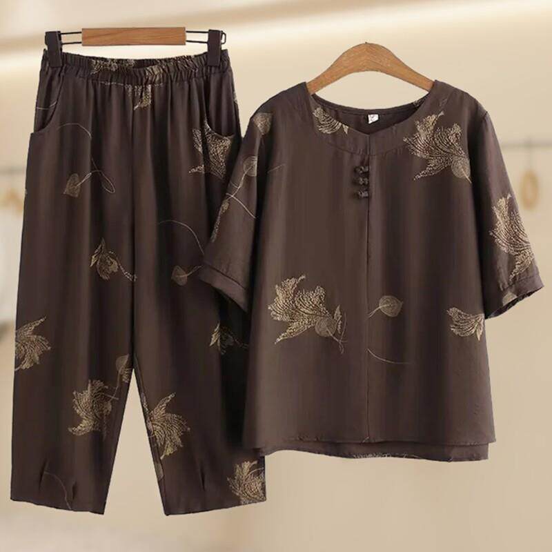 老年妇女夏装棉麻透气母亲套装短袖妇女服装中袖服装大码60岁