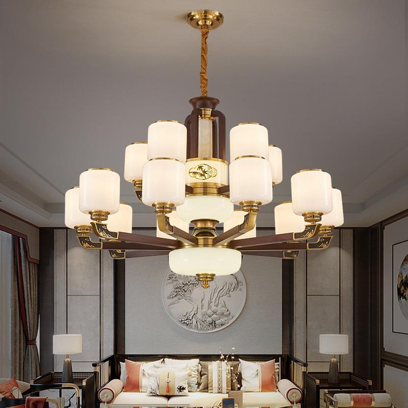 新中式别墅复式楼大吊灯全铜实木玻璃客厅中空跃层楼梯间长吊灯具