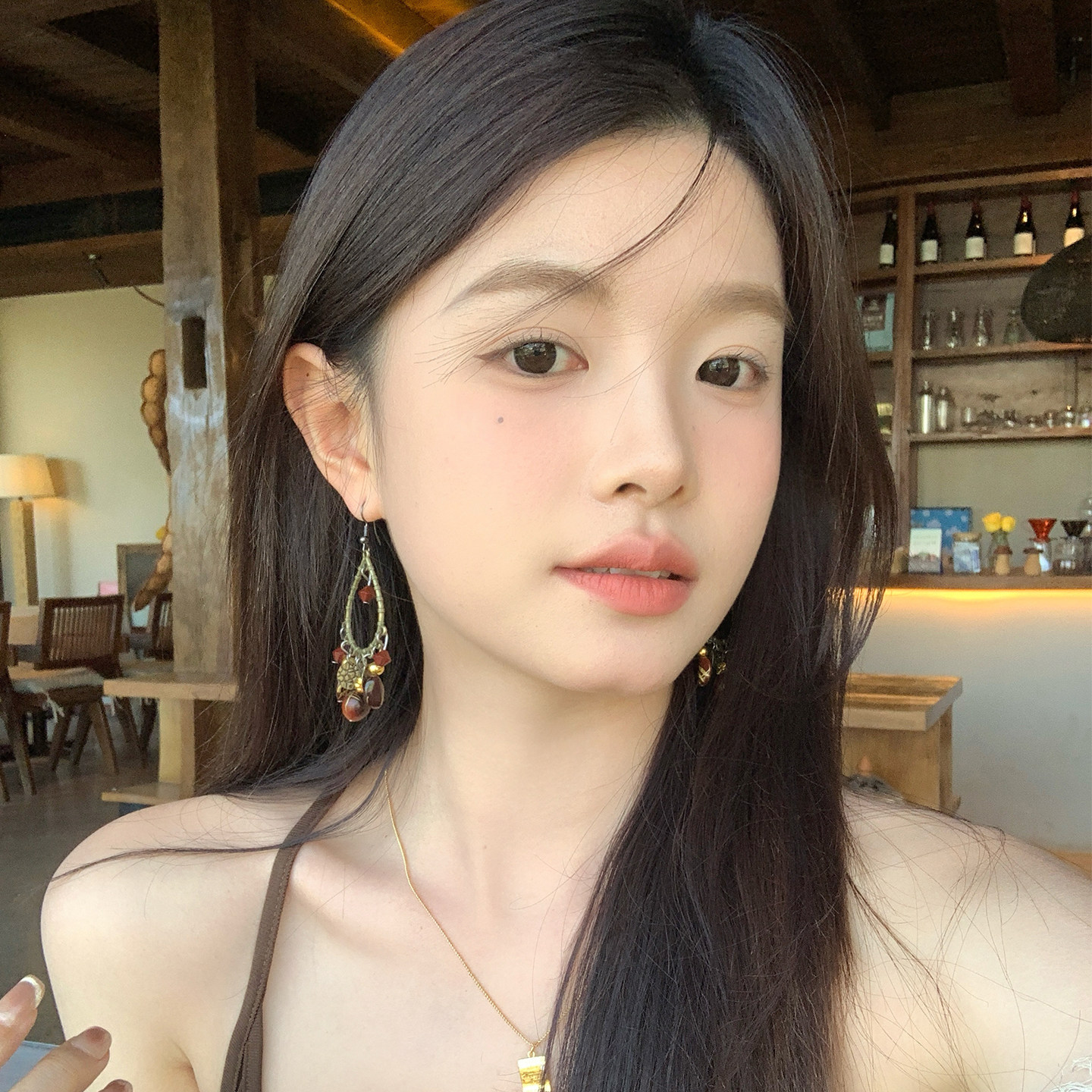 【我的脸很圆】新中式天然石吊坠耳钩民族风复古咖色系耳环耳饰女图片