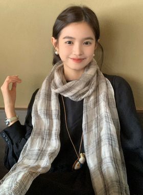 【我的脸很圆】文艺少女格纹长条系脖丝巾秋季薄款温柔感围巾围脖