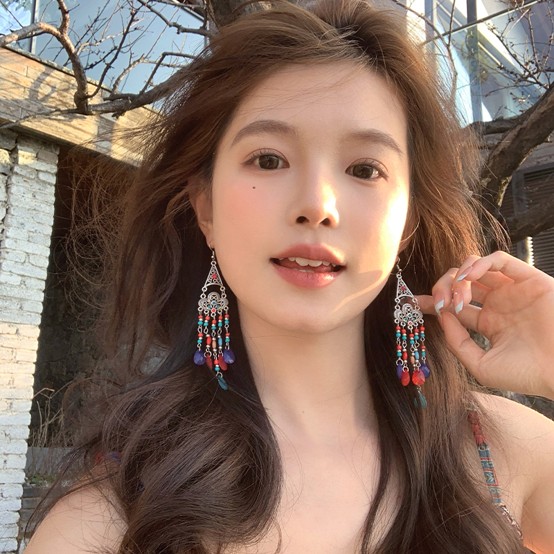 【我的脸很圆】民族风彩色水晶流苏耳环波西米亚长款百搭耳钩款女