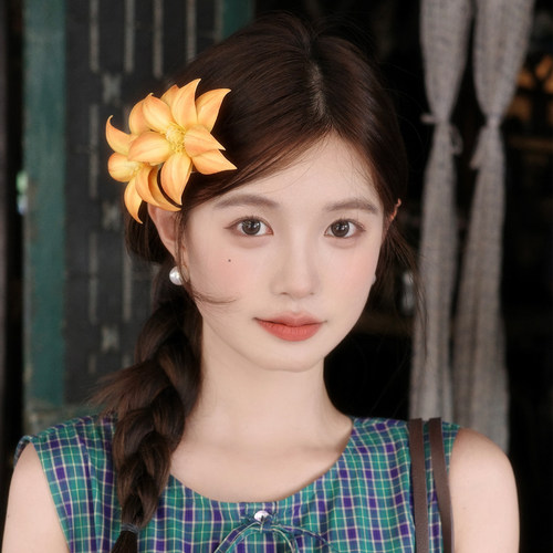 【我的脸很圆】海岛落日橙色花朵侧边刘海夹氛围感彩色花朵发夹女