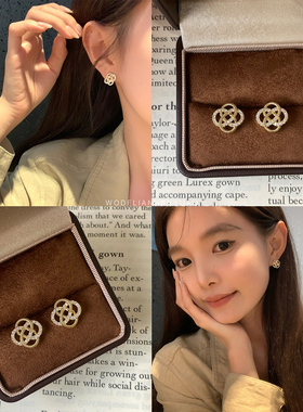 【我的脸很圆】精致轻奢金色同心结耳钉百搭通勤镶钻耳钉耳环女生