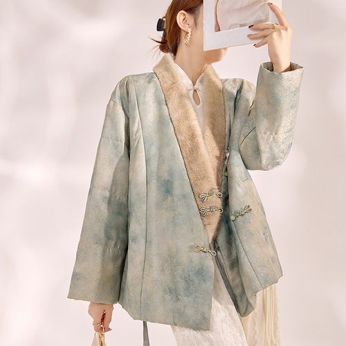 新中式女装秋冬高级感刺绣V领拼接新款人丝棉服外套 TJ款MX080