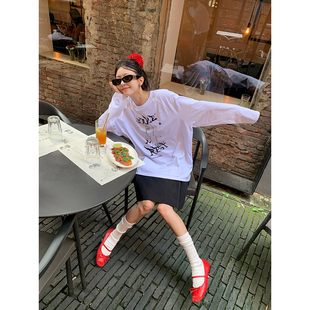 牙套大汪【哼哼T】纯棉T恤女长袖印花简约新款街头女士宽松上衣