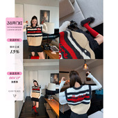 牙套大汪含羊毛撞色拼接拼接毛衣针织衫 条纹背心马甲女