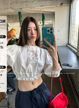 牙套大汪【nini】2025夏季新款白色五分泡泡袖正反2穿女士衬衫