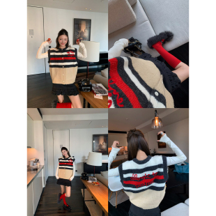 牙套大汪含羊毛撞色拼接拼接毛衣针织衫 条纹背心马甲女