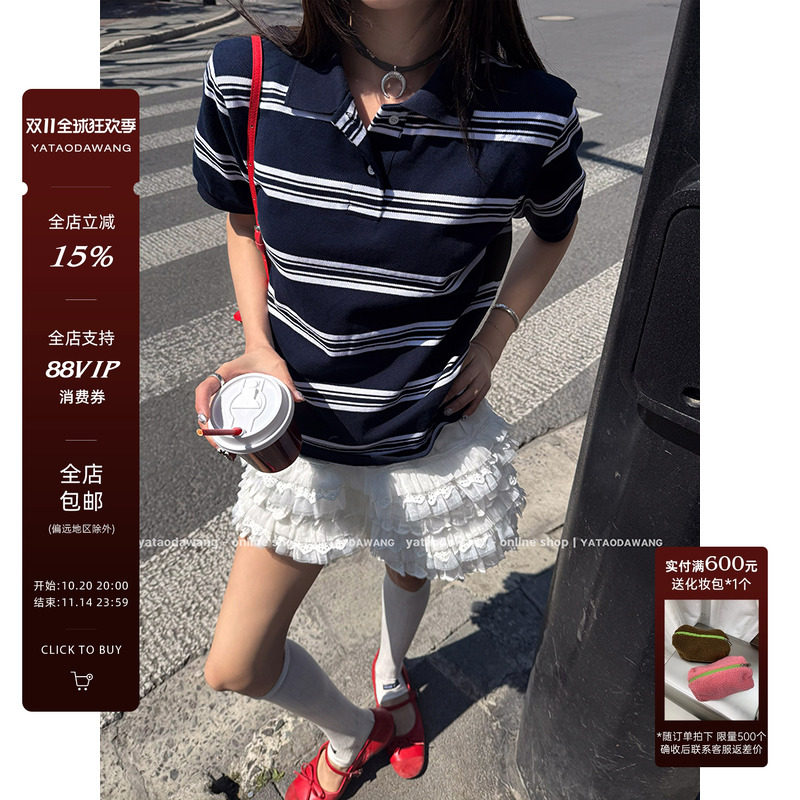牙套大汪 【研究生】薄款短袖条纹polo衫t恤女2025新款上衣