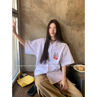 牙套大汪 【海洋与我】开春新款纯棉上衣卡通图案短袖白色衬衫