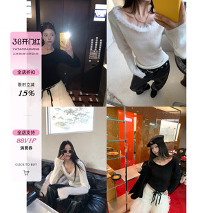 牙套大汪【富家小乖】纯欲风拼水貂毛毛领圈一字肩显瘦微透毛衣